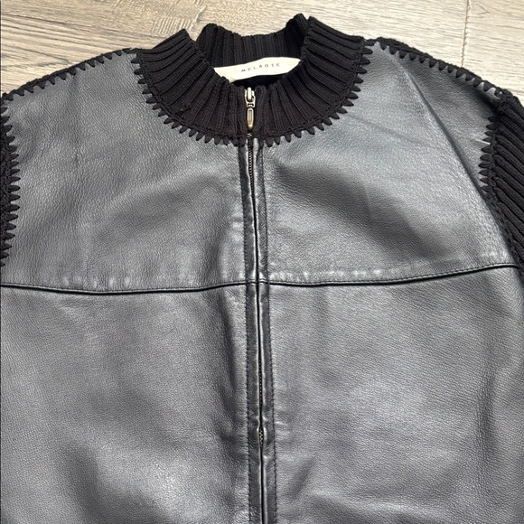 Melrose | Black Genuine Leather Front Zip Knit-Sleeve Jacket Full Moto Medium - Picture 4 of 14